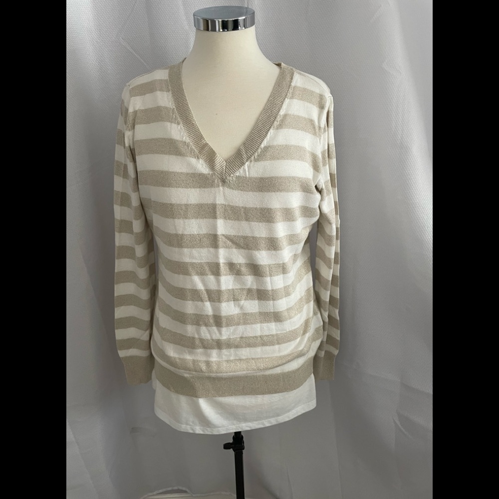 Worthington Sweater White and Gold Glitter V Neck Size L